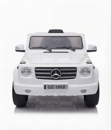 An electric MercedesG-Class  for children in white, featuring distinctive lighting—a realistic and fun driving experience White.
