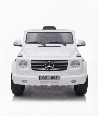 An electric MercedesG-Class  for children in white, featuring distinctive lighting—a realistic and fun driving experience White.