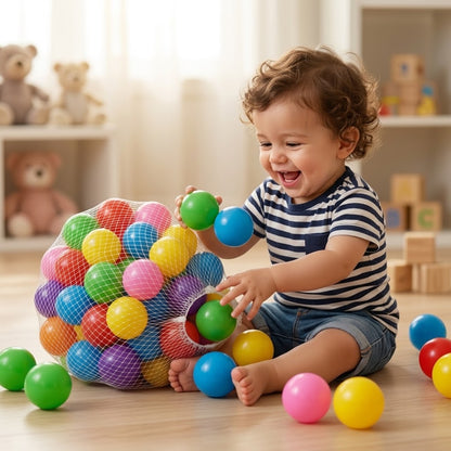 A set of 100 colorful play balls from Happy Kiddo, specially designed to fill children's ball pits, plastic pools, and ball houses.