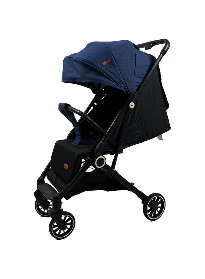 Foldable and lightweight baby stroller -flexible wheels and a protective canopy, blue