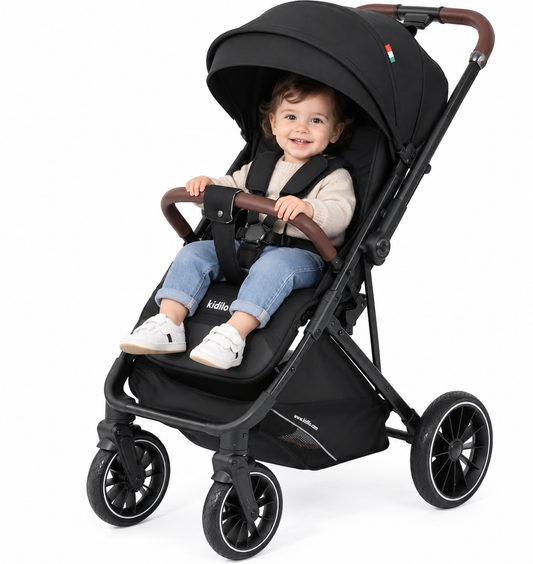 Kidlio 6530 black Baby Stroller – Foldable Lightweight Travel Pram with Adjustable Canopy, Safety Harness & Large Storage Basket