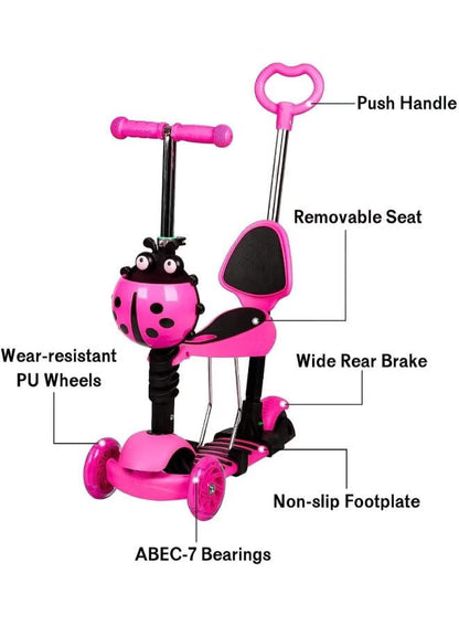Happy Kiddo Magic Scooter for Kids 🛴✨ – Cute ladybug design with a push handle and wheels that light up while moving PINK !
