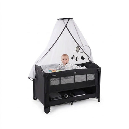 The Kidilo multifunctional travel cribin a stylish black finishwas designed specifically for every mother who prioritizes her children's comfort (Black).