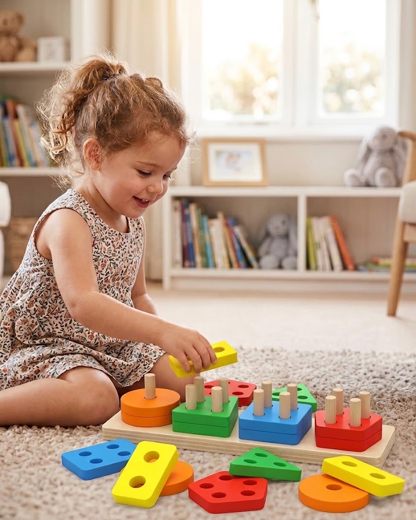 🧩🎨 Happy Kiddo Wooden Geometric Shape and Color Sorting Game – Learning through Thinking and Fun! 🎨🧩