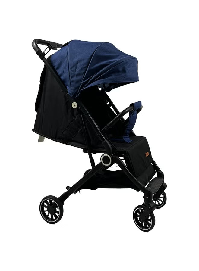 Foldable and lightweight baby stroller -flexible wheels and a protective canopy, blue