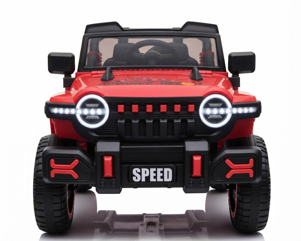 An electric 4WD vehicle for children featuring a bold design in black with red accents, equipped with powerful headlights and roof-mounted lights for an exceptional driving experience.