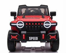 An electric 4WD vehicle for children featuring a bold design in black with red accents, equipped with powerful headlights and roof-mounted lights for an exceptional driving experience.