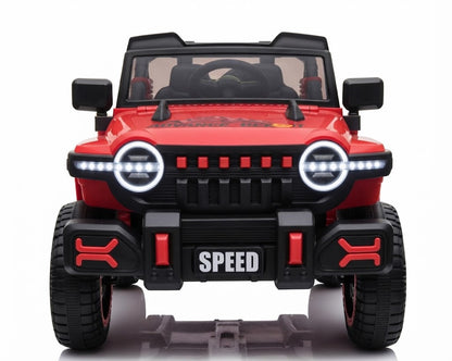 An electric 4WD vehicle for children featuring a bold design in black with red accents, equipped with powerful headlights and roof-mounted lights for an exceptional driving experience.