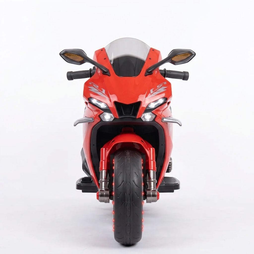 The perfect gift for playtime: a red electric motorcycle for kids from Happy Kiddo, featuring headlights, dazzling lights, and a stylish helmet.
