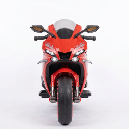 The perfect gift for playtime: a red electric motorcycle for kids from Happy Kiddo, featuring headlights, dazzling lights, and a stylish helmet.