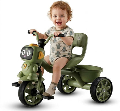 Happy Kiddo children's tricycle featuring lights, music, and a rear storage basket; suitable for boys and girls aged 2 to 5 years (Olive Green).