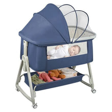 Kidlio 3-in-1 Co-Sleeping Baby Bed – Adjustable Tilt and Height, Includes Soft Mattress and Mosquito Net, 4 Wheels; Suitable for Ages 1 to 36 Months (Blue)