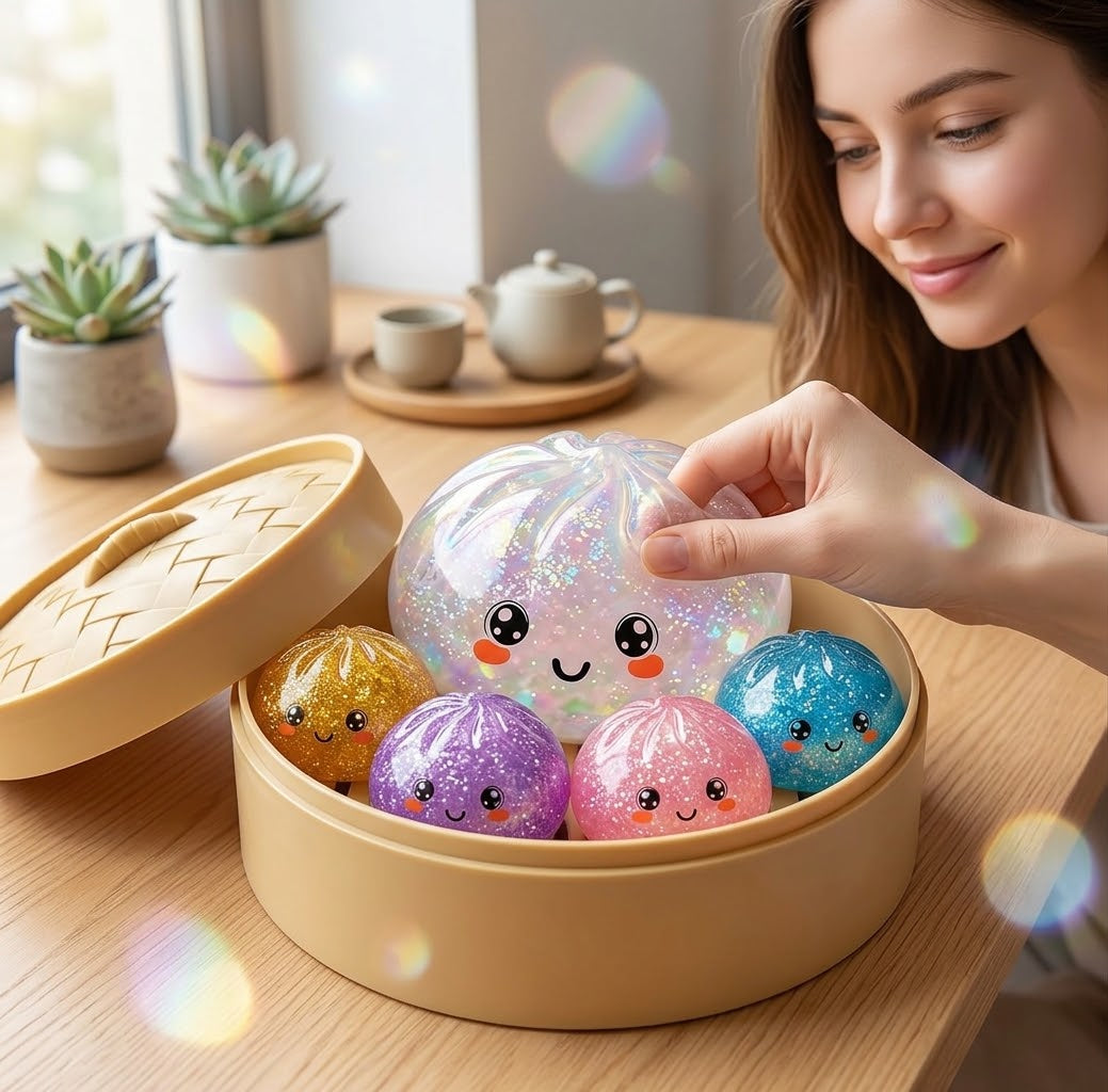 Kawaii Steamed Bun Stress-Relief Toys (Glitter Steamed Bun Stress Toy Set) 🥟✨